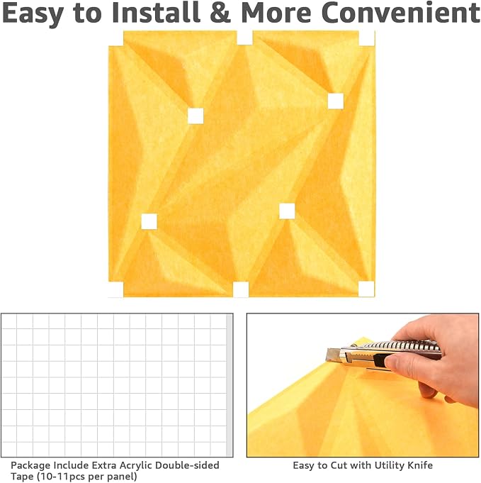 Art3dwallpanels Acoustic Panels, Yellow, 12" X 12", 20 Pack | 20 Pack, Soundproof Wall Panels, Sound Dampening Panels, 3D Wall Panels, Sound Absorbing Panels, Without Tape - Image 3
