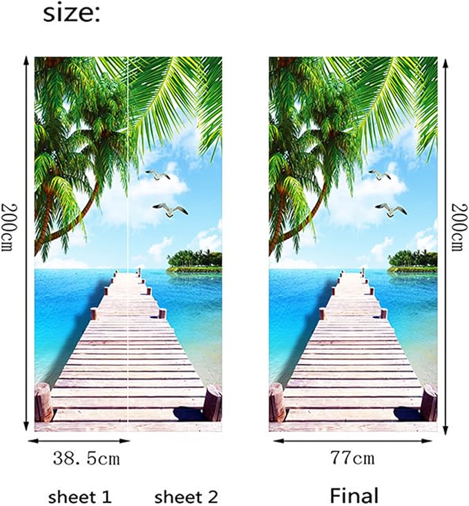 artfanke 3D Door Sticker Peel and Stick 30.3"x78.7"- Self-Adhesive Door Murals Wallpaper- Wooden Bridge Seascape Wall Decals Waterproof for Bedroom Decor (2 Sheets/Set) - Image 6
