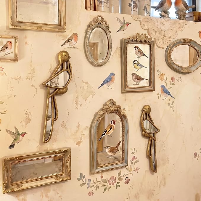 Fumete 2 Pcs Tropical Bird Mirror Wall Decor Vintage Gold Resin Insect Art Decorative Wall Mirror Retro Hanging Bug Animal Glass Mirrors Garden Nature for Summer Wedding Home Accent Housewarming - Image 5