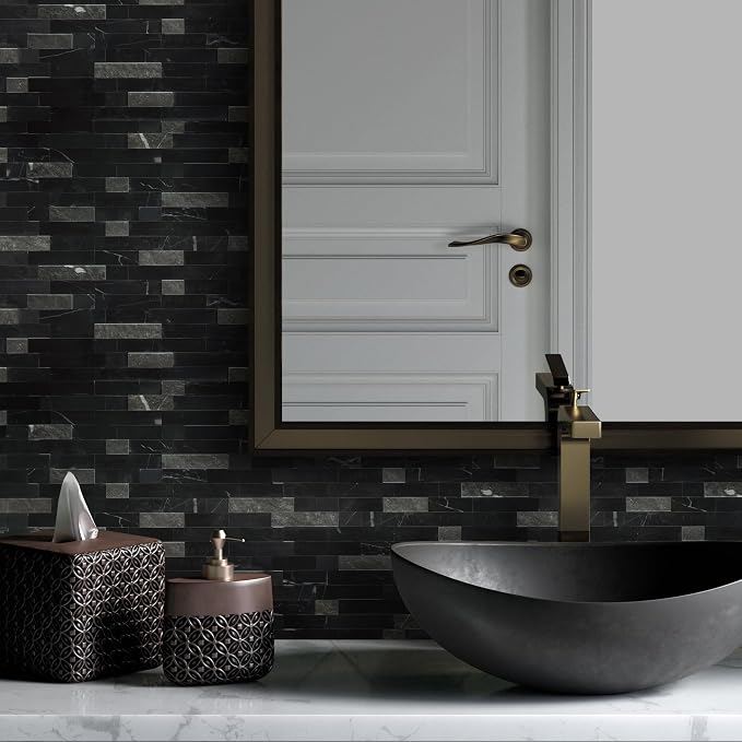 SUNWINGS 5-Sheet Peel and Stick Mosaic Natural 3D Stone Self Adhesive Marble Tiles, 11.5" x 10.7" Stick on Backsplash for Kitchen Bathroom Fireplace Vanity, Mixed Black - Image 8