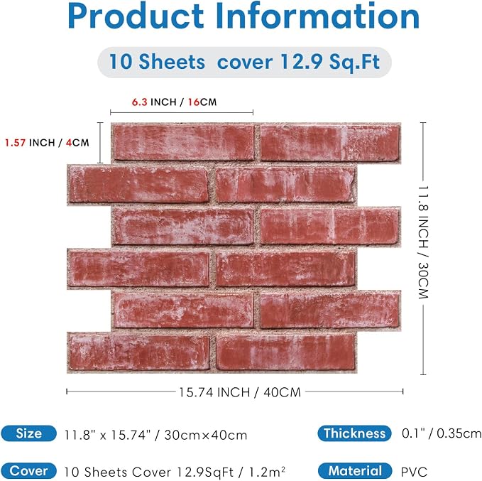 COMSTICKC 3D Peel and Stick Faux Brick Wall Panels for Quick DIY Wall Decor | Red, 10 Pcs 15.7" x 11.8", Not Real Brick, Lightweight Thin PVC Fake Brick Decorative Wall Sticker Covering, Cover 12.9 sq ft - Image 5