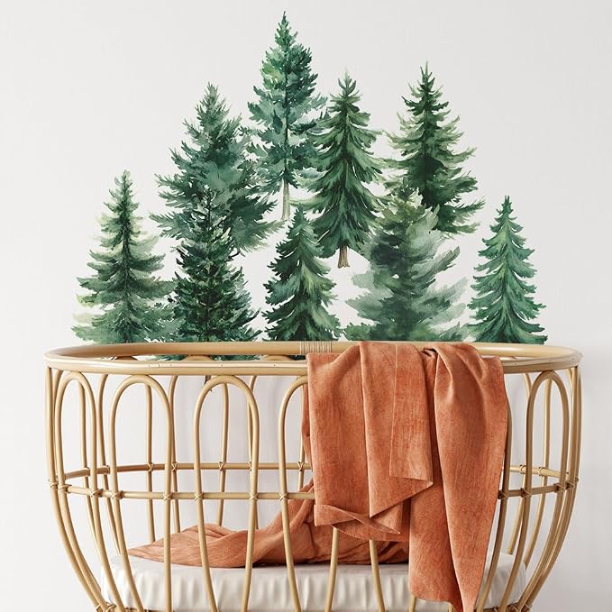 Watercolor Pine Tree Wall Decals Green Pine Tree Wall Sticker Forest Nature Woodland Home Decor for Nursery Bedroom Living Room - Image 2