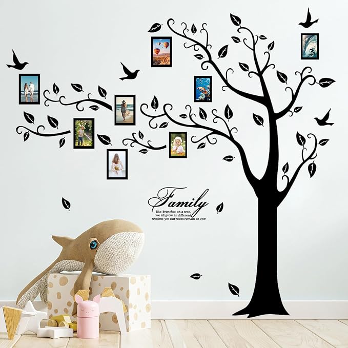 Large Family Photo Tree Wall Sticker 3D Peel and Stick Vinyl Photo Frame Tree Wall Decals Removable Quotes Leaf and Birds Wall Decor for Home Kids Bedroom Living Room Classroom Nursery (Left, Black) - Image 4