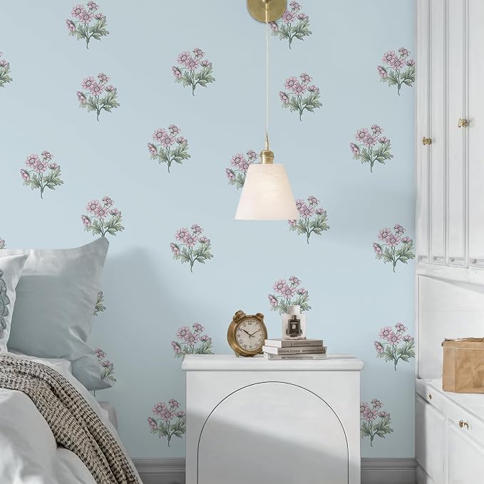 Toduso Peel and Stick Wallpaper Blue Wallpaper with Pink Floral Vintage Contact Paper Flower Removable Self Adhesive Waterproof Wall Paper for Farmhouse Bedroom Bathroom Living Room 17.3''x196.8'' - Image 2