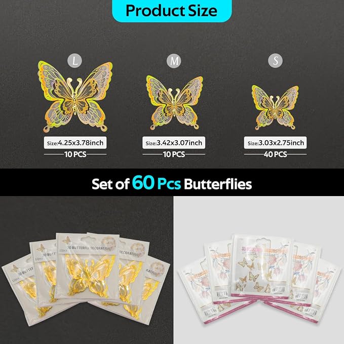 60 Pcs Butterfly Wall Decals - 3D Butterflies Removable Mural Wall Stickers for Home Room Bedroom Door Office Decorations (Gold) - Image 3