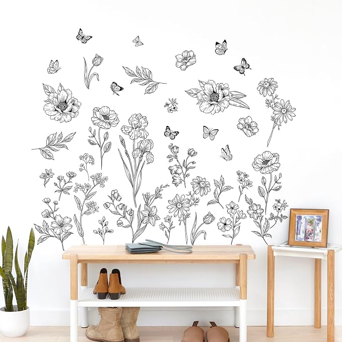 Large Boho Black Flower Wall Decals Wildflower Butterfly Simple Wall Stickers Removable Wall Art Decor for Living Room Bedroom Office - Image 2