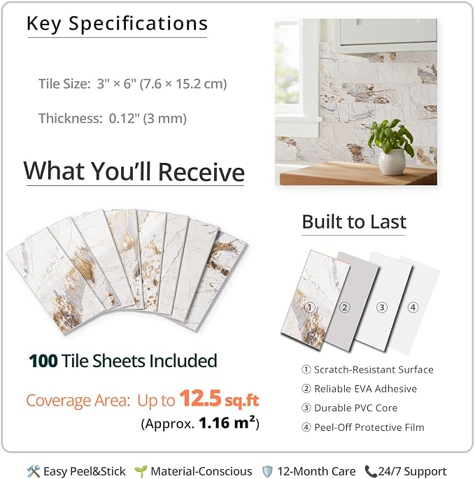 StyloVue 100 Pieces Peel and Stick Backsplash for Kitchen, 3" x 6" PVC Subway Tile, 2026 Upgraded Ivory Calacatta Marble Look with Gold Veining, Glossy Finish, Stick on Tile for Kitchen, Fireplace, RV - Image 4