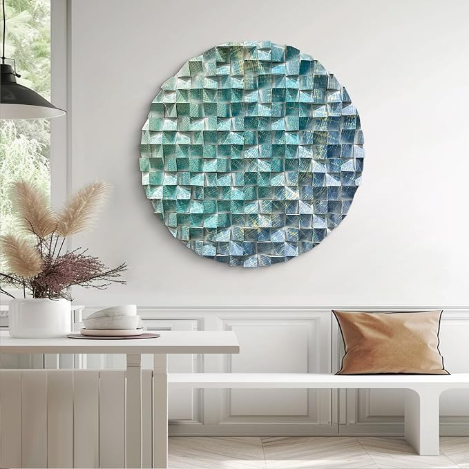LIUZEYUE - Large blue-green-gold patterned triangular wooden block wall art piece. Modern living room eye-catching wooden decorative item 39.4" - Image 9