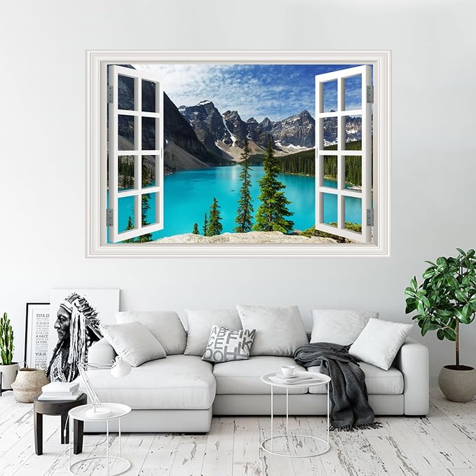 Fake Window Wall Decal- Summer Mountains Lake View Open Sticker Decorations | Faux Window Natural Landscape Art Mural｜Stick and Peel Wall Decals｜for Room Bedroom Office Scene Decor｜24"x16" - Image 6