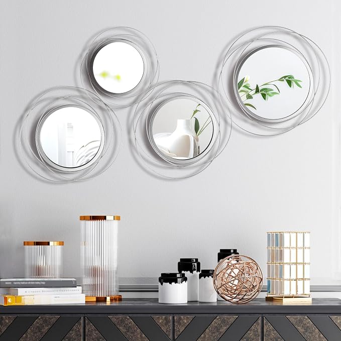 Hicarer 4 Pcs Decorative Wall Mirror Round Modern Mirror Circle Mirror Wall Art Ring Metal Mirror Wall Decor Wall Mounted Mirror for Bedroom Living Room Entryway Dining Room Hallway (Silver) by Hicarer