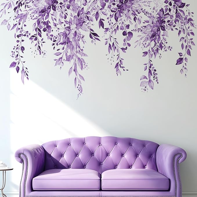 Purple Plants Leaves Hanging Vines Wall Decals, Floral Flower Wall Stickers | Watercolor vine leaf peel and stick wall decor, removable self‑adhesive vinyl wall art mural for bedroom living room - Image 4