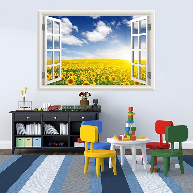 Fake Window Wall Decal- Summer Blooming Sunflowers Open Wall Art Sticker | Faux Window Natural Scenery Landscape Mural ｜ Stick and Peel Wall Decals｜Room Bedroom Office Decor｜48"x32",Set of 2 Sheets - Image 7