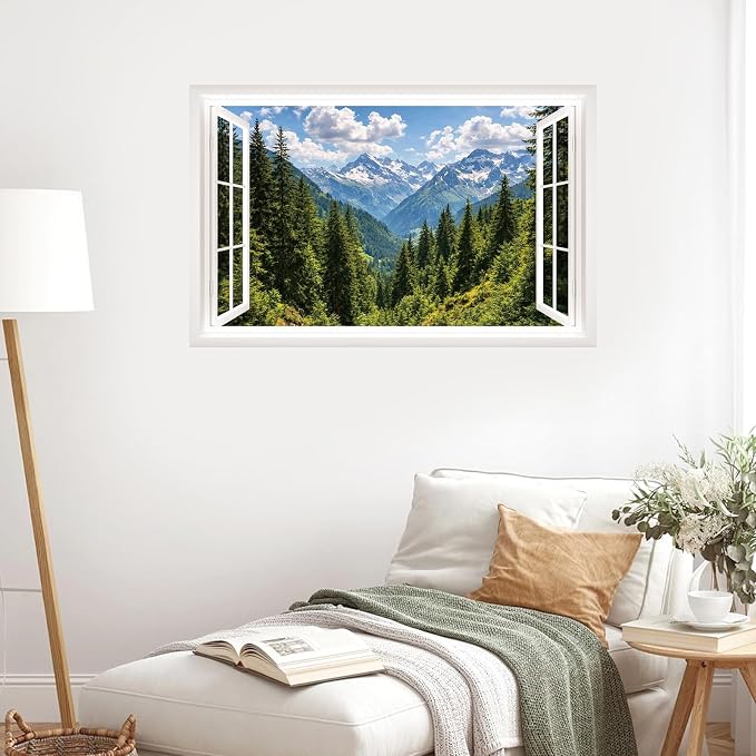 IARTTOP Fake Window View Wall Murals Stickers 33"x20.4" Snow Mountain Pine Forest Valley Landscape Wall Decal Art Large Nature Scenery Decals Decor for Bedroom Farmhouse Living Room - Image 6
