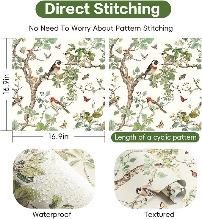 Nukofal Vintage Peel and Stick Wallpaper Bird Contact Paper 16.9inx196.8in | Floral Peel and Stick Wallpaper Floral Bird Wallpaper Boho Self Adhesive Removable Wall Paper for Bathroom Wall Decorative - Image 5