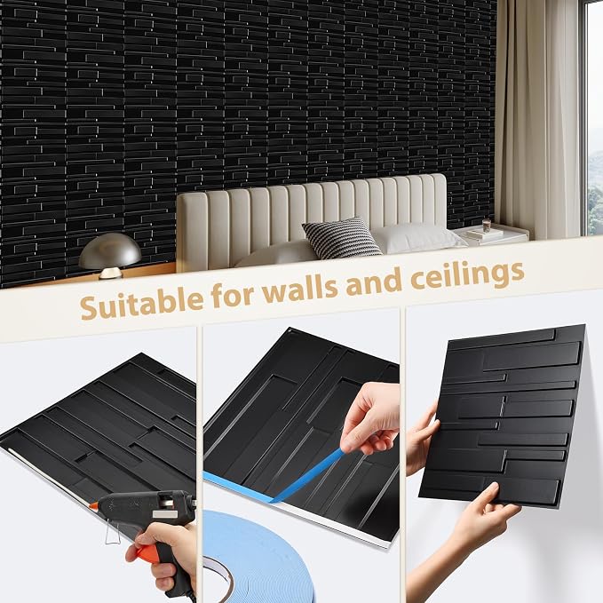 Heikki 30 Pack 3D Wall Panel for Interior Wall Décor, PVC Flower Textured Wall Panels for Living Room Bedroom Hotel Office, 11.8"x11.8", Double-Sided Tape (Black-SY) - Image 3