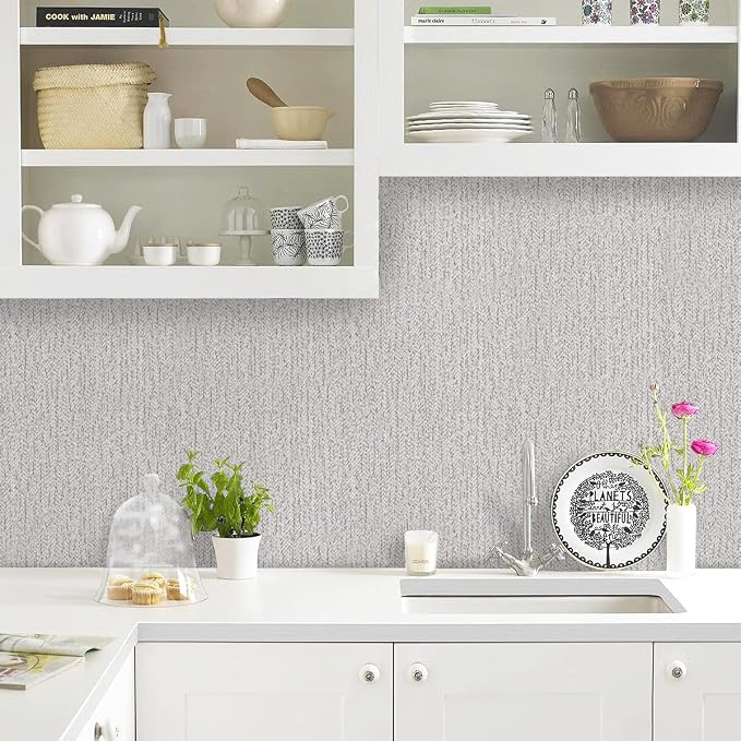 Grey Grasscloth Peel and Stick Wallpaper for Cabinets 16in x 393in | Faux Linen Vintage Wallpaper Textured Removable Wall Paper Grass Cloth Cabinets Bedroom for Cabinet Self Adhesive Vinyl - Image 2