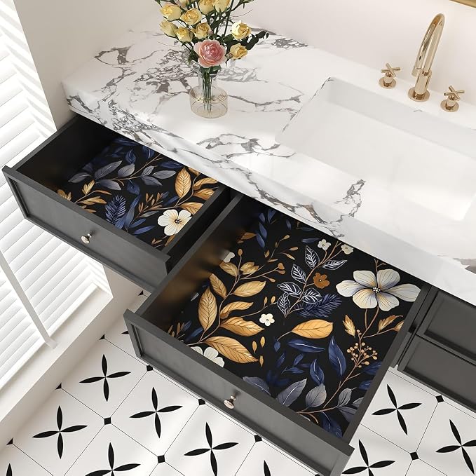 Laatse Vintage Dark Blue Gold Floral Peel and Stick Wallpaper 17.5"x197" | Self Adhesive/Removable/Waterproof/Thick Vinyl Contact Paper for Bathroom Bedroom Shelf Cabinet Drawer,Prepasted,Easy Peel - Image 7
