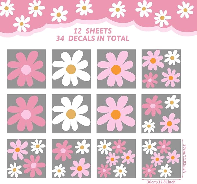 TaoBary 12 Sheet Daisy Wall Sticker Decals Pink White Flower Wall Stickers | Large Flower Wall Decals, Big Floral Decal, Daisy Bedroom Room Decor, Removable Peel and Stick, Nursery Home Wall Decor - Image 2