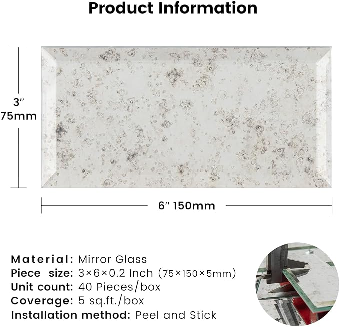Peel and Stick Light Antique Mirror Subway Tile 3 x 6 Inch Beveled Mirror Tiles for Kitchen Backsplash Bathroom Wall （40 Pcs） - Image 3