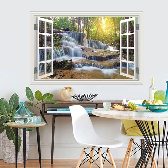 Fake Window Wall Mural Sticker Forest Tree Jungle Waterfall Faux Window Poster Decal Picture Open Wall Art Decor, Stick and Peel Landscape Natural Scenery Scene（48"x32",Set of 2 Sheets） - Image 6