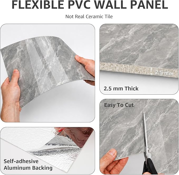 WADILE 20PC Peel and Stick PVC Wall Panels 11.8 x 11.8 Dark Grey | Marble look, Self adhesive, PVC Panels, Lightweight Foam Wall Panels, Bathroom, Kitchen, Not Real Tile - Image 9