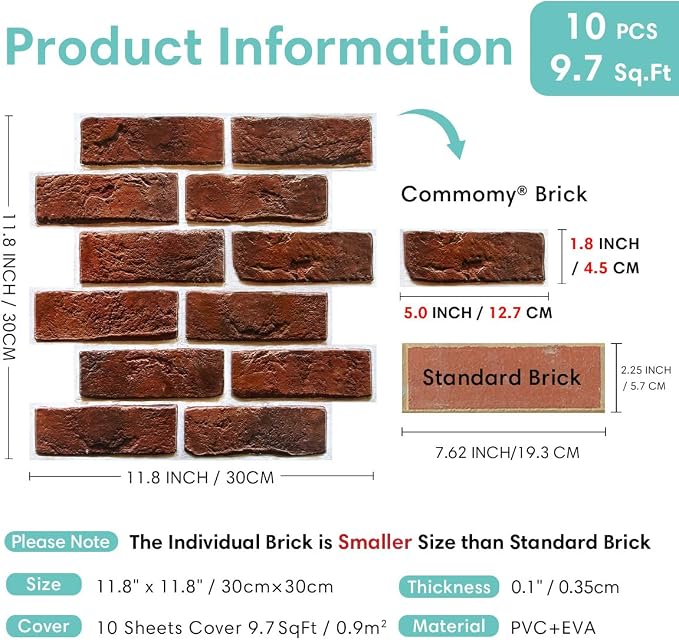 Commomy Faux Brick Wall Panels Peel and Stick Thin PVC 10 Pcs 11.8" x 11.8" | Small Size Thin PVC Quick Wall Covering Home Decor for Kitchen,Fireplace,Home Office (Covers 9.7 sq.ft) - Image 4