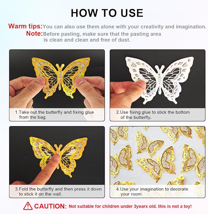 60 Pcs Butterfly Wall Decals - 3D Gold Butterflies Removable Mural Wall Stickers for Home Room Office Bedroom Decorations - Image 4