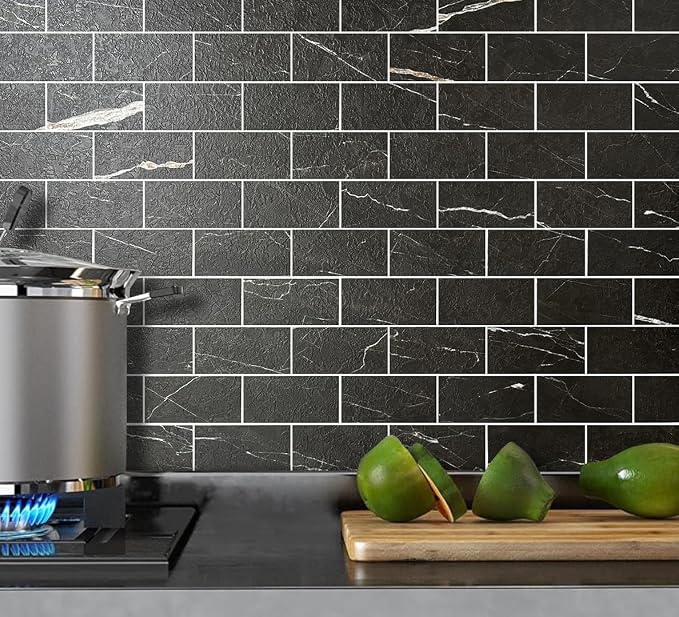 AULIGET 100 Piece Faux Stone Backsplash Peel and Stick PVC Tile, 3 Inch x 6 Inch Black Marble with White Grout Stick on Tiles for Backsplash Kitchen, Bathroom, Laundry Room, Camper, Fireplace - Image 2