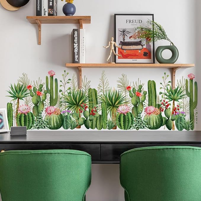 2 Pieces Cactus Wall Decals Vinyl Cacti Wall Stickers Removable Cactus Art Murals Peel and Stick Cacti Decor for Girls Bedroom Living Room Nursery by Incholl