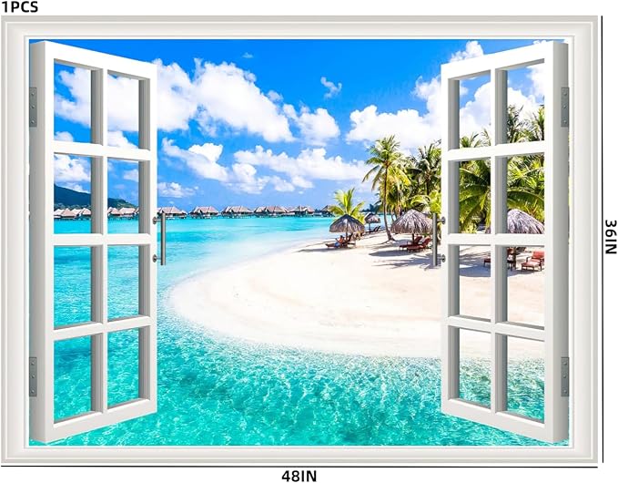 Self-Adhesive Wall Sticker Romantic Living Room Bedroom Study Office Decorative Wall Sticker Ocean Scenery Fake Window Sticker Mural (36"×48", Crescent Beach) - Image 6