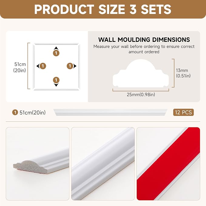 INMOZATA Pre-Cut Peel and Stick Wall Molding Wainscoting Panels, 20" x 20" | Strong Adhesive, Paintable, Easy to install, Ideal for Interior Wall Decor Living Room Bedroom Hallway - Image 5