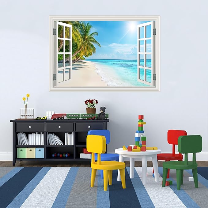 Fake Window Wall Decal- Summer Beach Ocean Tropical Coconut Tree Art Mural | Faux Window Seascape Natural Scenery Landscape Sticker｜ Stick and Peel Wall Decals｜for Room Bedroom Office Decor｜24"x16" - Image 7