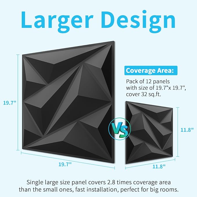 Art3dwallpanels 3D Wall Panels Diamond PVC, Black, 19.7" x 19.7" | Interior Wall Decor, 3D Textured Wall Paneling for Bedroom, Livingroom, Gameroom, Large Size 12 Pack - Image 2