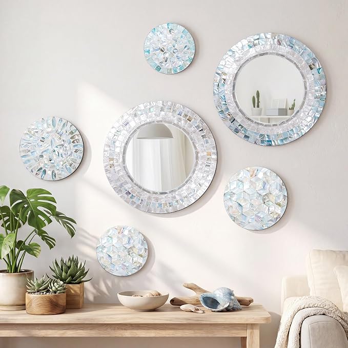 Novabright 6 Pcs Mirror Wall Decor 11.8 Inches Natural Mother of Pearl Shell Plate Coastal Wall Art Mosaic Sculpture Handmade Hanging Plates Arts for Bedroom Bathroom Home Office Hotel - Image 5