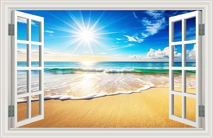 Fake Window Wall Sticker Summer Coastal Sea Beach Poster Decal Picture Open Wall Art Decor, Stick and Peel Landscape Natural Scenery Sunrise Sun Seascape Ocean Canvas Scene Mural,16"x24" by Clickhere