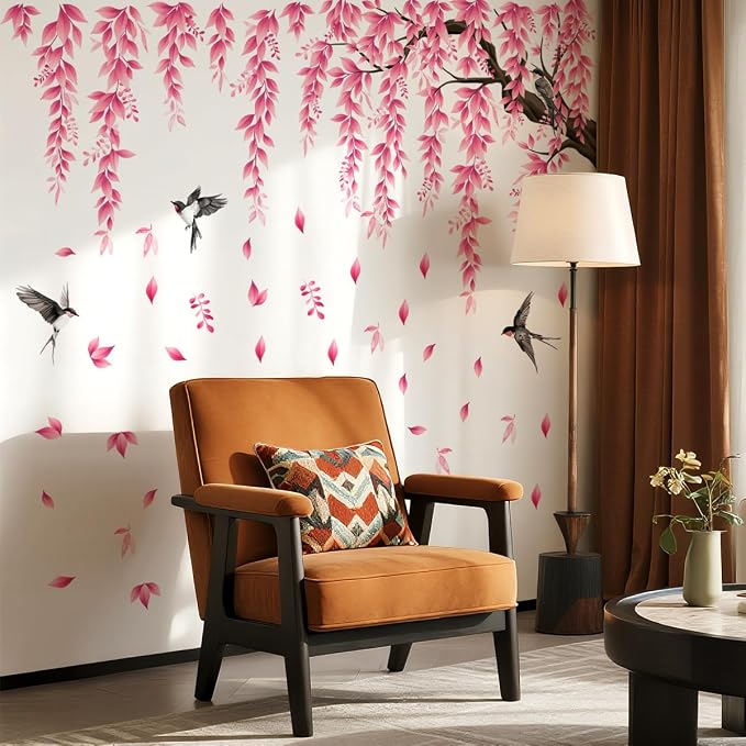 Pink Flower Tree Branch Wall Decals, Spring Pink Flower Bird Wall Stickers Peel and Stick Wall Murals for Living Room Bedroom Tv Background Wall Decor, 70.8x59 inches, 3 Sheets - Image 6