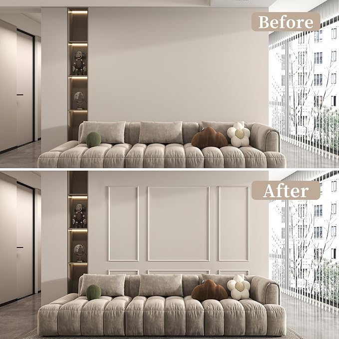 JBER Peel and Stick Wall Molding Kit, 6 Pre-Cut Wainscoting Panels | Ready-to-assemble pre-cut molding, 3D wall trim for interior wall décor, living room & bedroom, 3 top 3 bottom - Image 4
