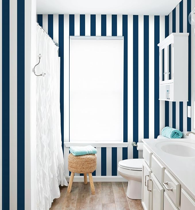 Guvana 394"x17.7" Striped Peel and Stick Wallpaper Blue and White Self-Adhesive Wallpaper DIY Removable Contact Paper Navy Blue Waterproof Wall Paper for Bathroom Kitchen Cabinets Decor Vinyl Roll - Image 3