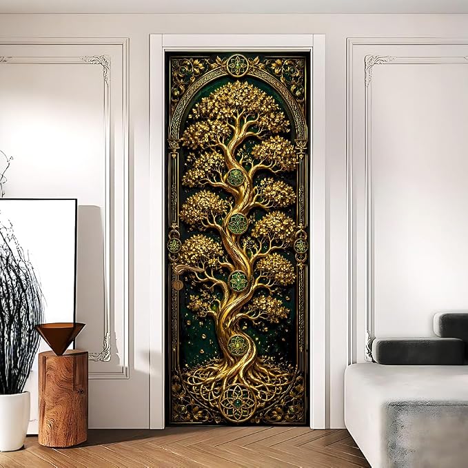 Golden Tree Fantasy Peel and Stick Door Mural 30.31x78.74 in | Golden tree in an arched fantasy panel; self-adhesive vinyl that smooths onto flat game room or bedroom doors by Cmialusie