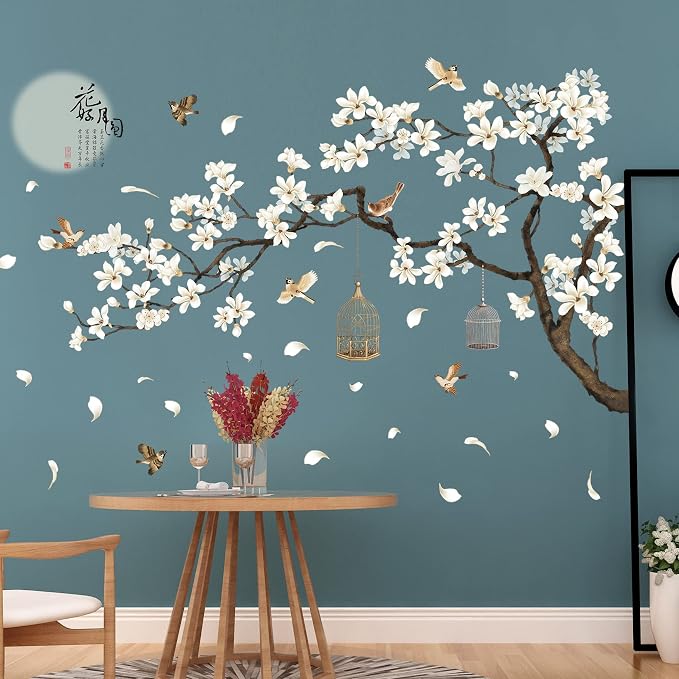 LiveGallery White Peach Blossm Flowers Wall Stickers Chinese Style Tree Branches Wall Decals Removable DIY Ancient Poems Petal Moon Birdcage Wall Art Murals for Girls Bedroom TV Background (Right) - Image 4