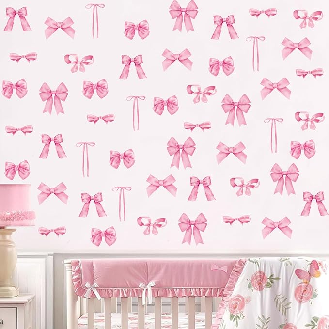 Arawat 8Sheets/56 Pcs Pink Coquette Bow Room Decor for Bathroom Women Bedroom Aesthetic Room Decor Bow wall Decoration for Bedroom Pink Bows wall Stickers Decals Peel and Stick by ARAWAT