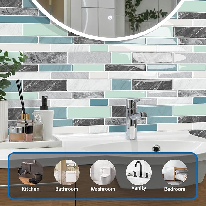 10-Sheet Peel and Stick Kitchen Backsplash Tiles | 3D Waterproof Self Adhesive Wall Tile Stick on Backsplash for Kitchen and Bathroom(Blue Green,12"×12") - Image 5