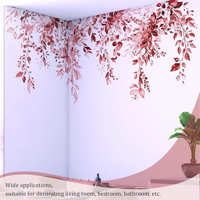 Burgundy Red Plants Leaves Wall Decals Peel and Stick, Large Floral Flowers Vinyl Wall Stickers, Removable Vine Home Decor Art for Bedroom Living Room Classroom Office - Image 4