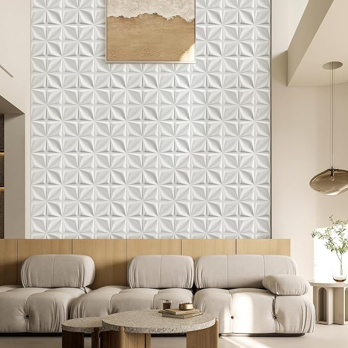 Heikki 30 Pack 3D Wall Panel for Interior Wall Décor, PVC Flower Textured Wall Panels for Living Room Bedroom Hotel Office, 11.8"x11.8", Double-Sided Tape (White-SYH) - Image 6