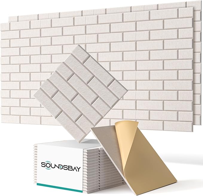 Soundsbay 18-Pack Brick Acoustic Panels, Self-Adhesive, 12"X12" | Covers 17.4 sq ft, 150kg/m³ High-Density Polyester, Soundproof Wall Panels for Recording Studio, Home Theater, Office Beige by Soundsbay