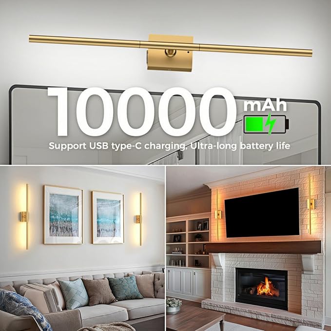 iThird Battery Operated Wall Sconces Set of 2, 10000mAh, Gold | remote control and 360° rotation, for picture display TV wall mirror bedroom or living room home decor - Image 6