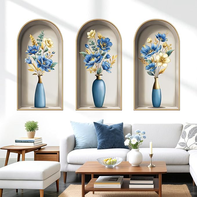 decalmile 3D Flower Vase Blue Floral Gold Leaves TV Wall Decals Stickers - Image 2