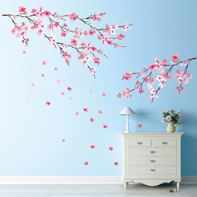 DECOWALL Pink Cherry Blossom Wall Decals Stickers for Home (DS12-2003P1903) | Watercolor branches with falling petals; peel and stick removable floral decor for bedroom, nursery, TV background and office by DECOWALL