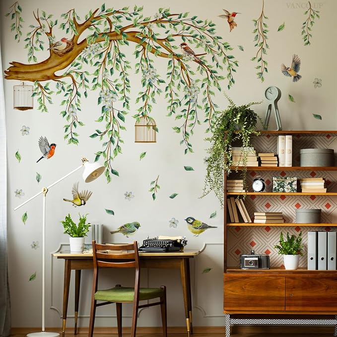 Large Tree Branch Wall Decals Hanging Green Vine Leaves Birds Nest Wall Art Stickers Spring Blossom Flower Tree Home Decor Murals for Living Room Bedroom Tv Background Decor - Image 3