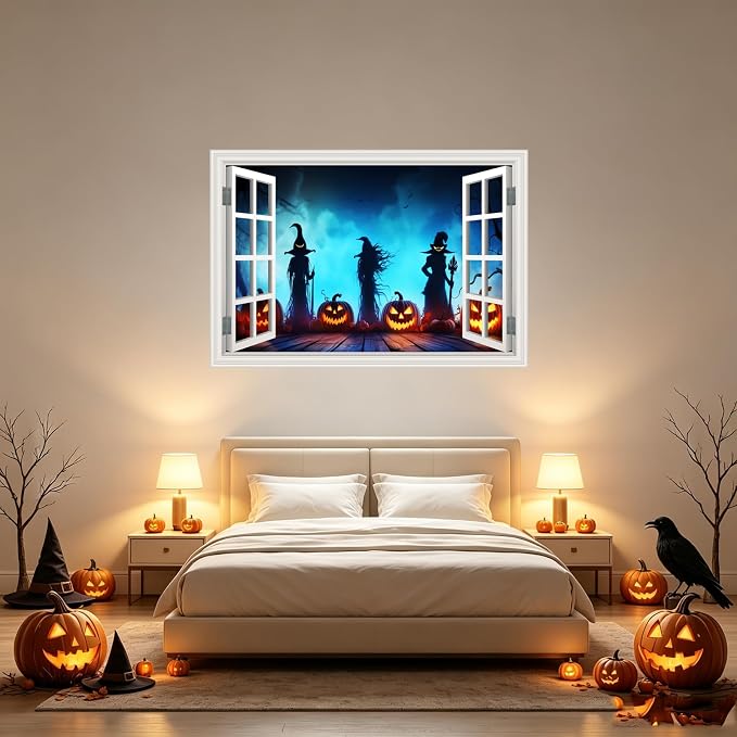 Halloween Fake Window Wall Decals Creepy Three Witches Pumpkin Art Sticker | ｜Faux Window Terror Spooky Ghosts Landscape Mural ｜ Stick and Peel Wall Decal｜for Halloween Room Scene Picture Decor｜24"x16" - Image 5